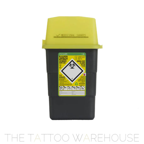 1.8 Litre sharps container with a yellow lid and black body. Danger sticker on front. Tattoo Warehouse