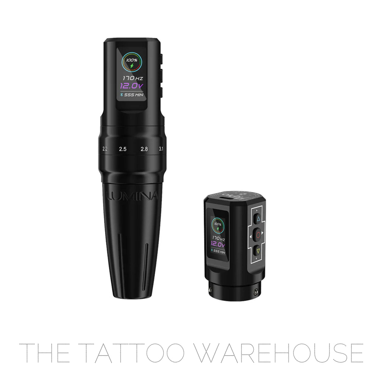 Full view of the  black EZ TATTOO lumina p3pro for pmu artists. smaller hand grip than the original P3PRO by EZ tattoo supplies. Extra battery is in view as well.