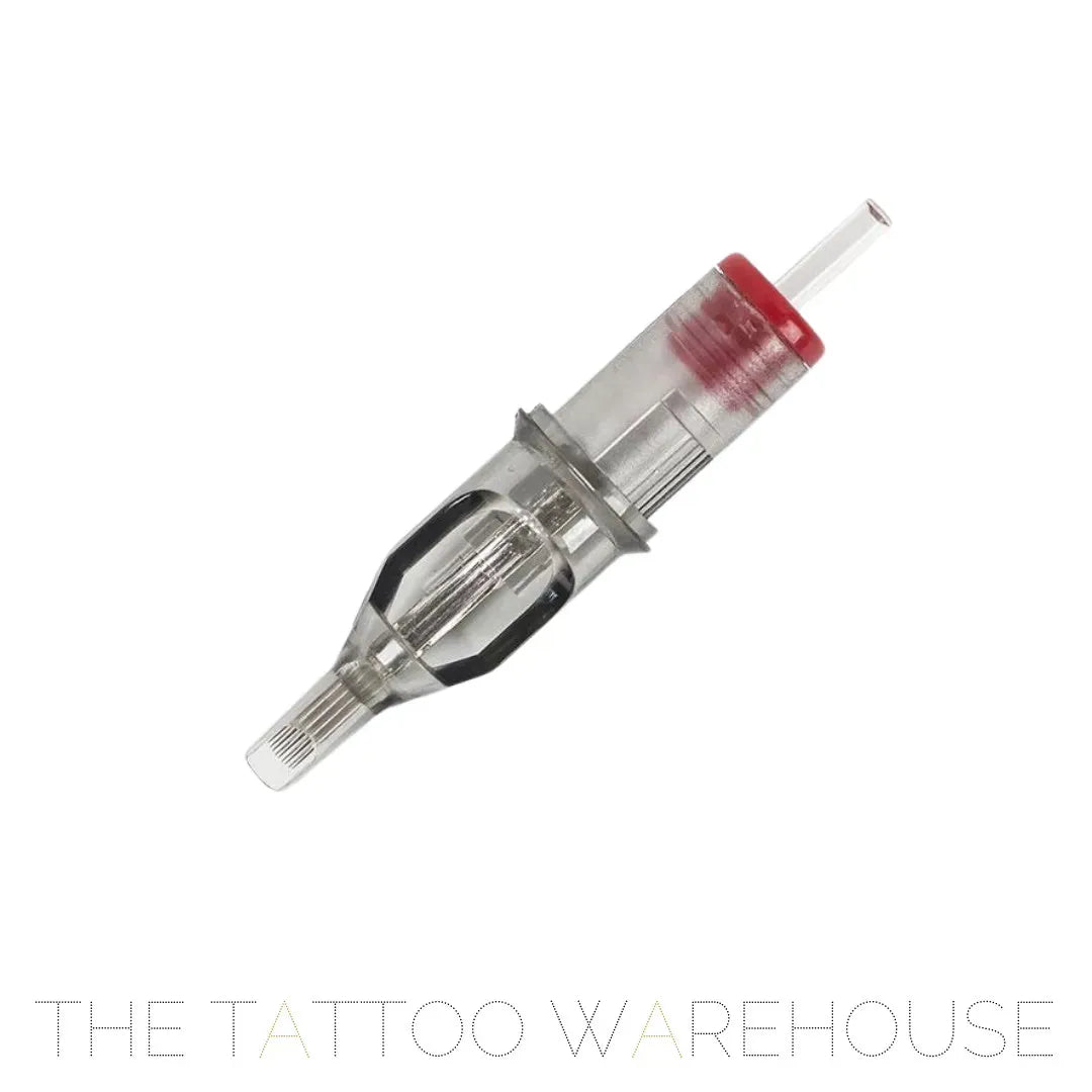 a close up of a Ez Tattoo revolution curved magnum. the back stopper is red and the body is clear. 