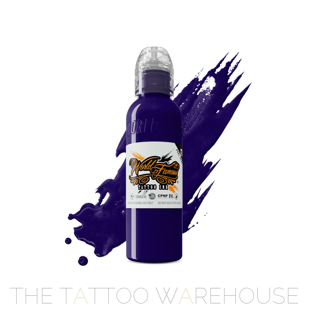 A 2 ounce bottle of revolution ink by world famous. The colour is a deep blue with purple undertones.