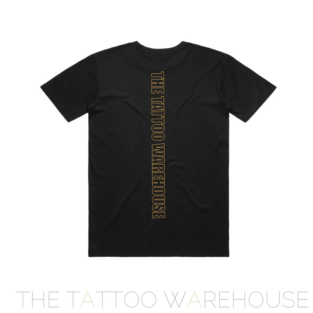 Back of Quillan Salkilld supporter t shirt! Black t shirt with gold logo of "THE TATTOO WAREHOUSE" running down the back.