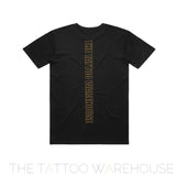 Back of Quillan Salkilld supporter t shirt! Black t shirt with gold logo of "THE TATTOO WAREHOUSE" running down the back.