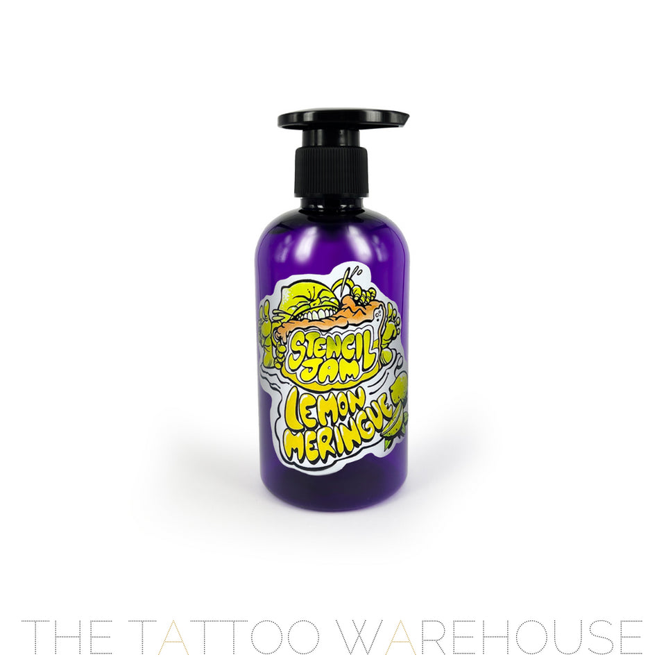 A purple bottle with the label of Stencil Jam Lemon Meringue showing front on. 