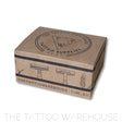 The Tattoo Warehouse Brand Biodegradable razors or shavers close up picture of the box. a box of 50 shavers.