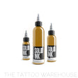 three bottles of solid ink ranging from 1oz 2oz and 4oz. The Tattoo Warehouse stocks 1 and 2 ounce inks. The colour is mustard which is a dark yellow.