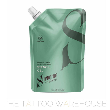 close up of the supreme creme satchel of stencil gel. Green packaging and white lid. Precision tattoo stencil transfers