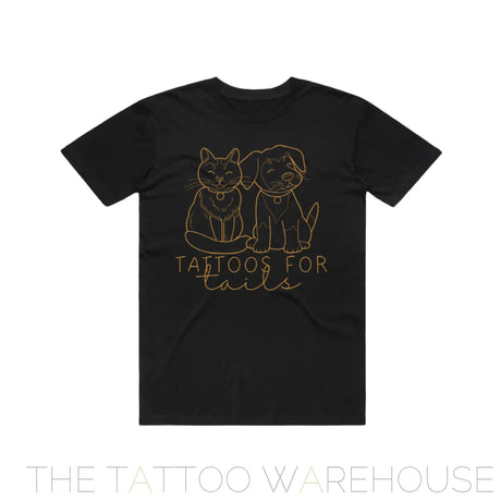 Tattoo For Tails charity t shirt. Logo is of a dog and cat with "tattoos for tails" written underneath. The T-shirt is black and logo is gold. 