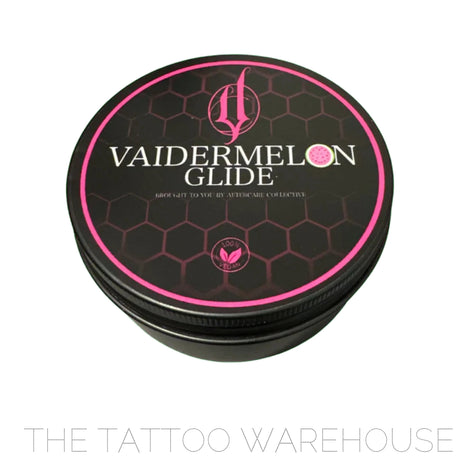 Close up of vaiderz watermelon glide! 100% vegan pink glide inside a black metal container.